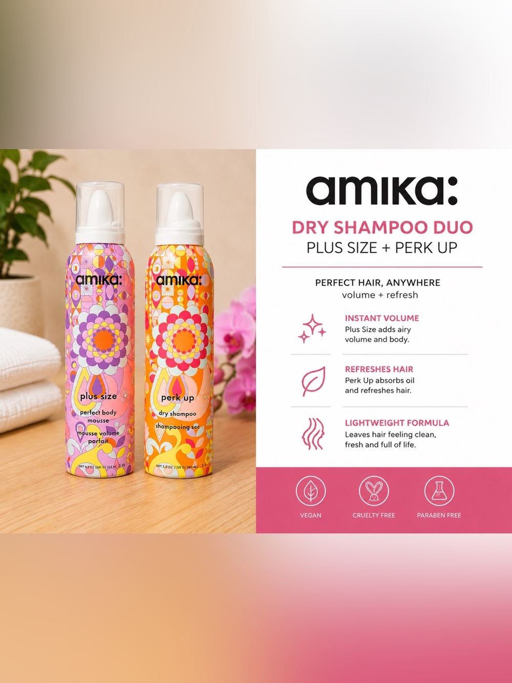 amika Perk Up Dry Shampoo Can - Orange Pink Floral Design
